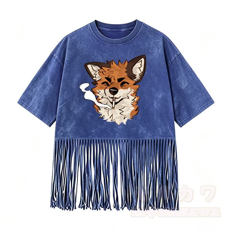 MODAKAWA X atka Smoking Fox Graphic Washed Fringe T-Shirt - Blue - 5XL - image 6