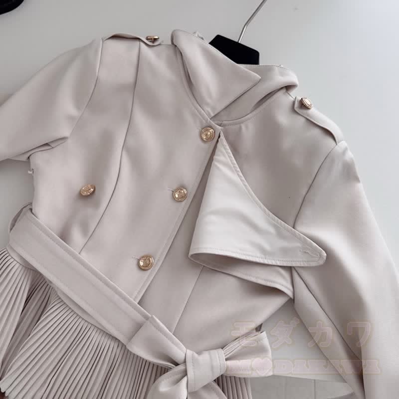 French Style Lapel Waist Tie Long Sleeve Pleated A‑Line Dress - image 5