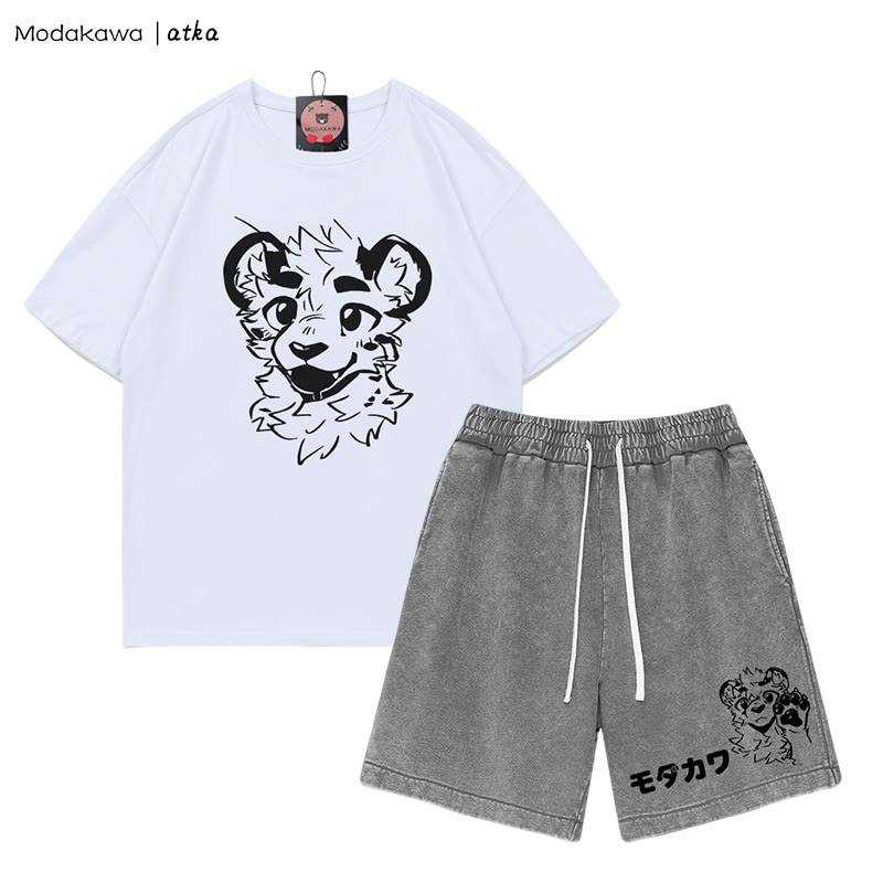 MODAKAWA X atka Tiger Print T-shirt Vintage Washed Shorts Two Pieces Set - White&Grey - 3XL - image 6