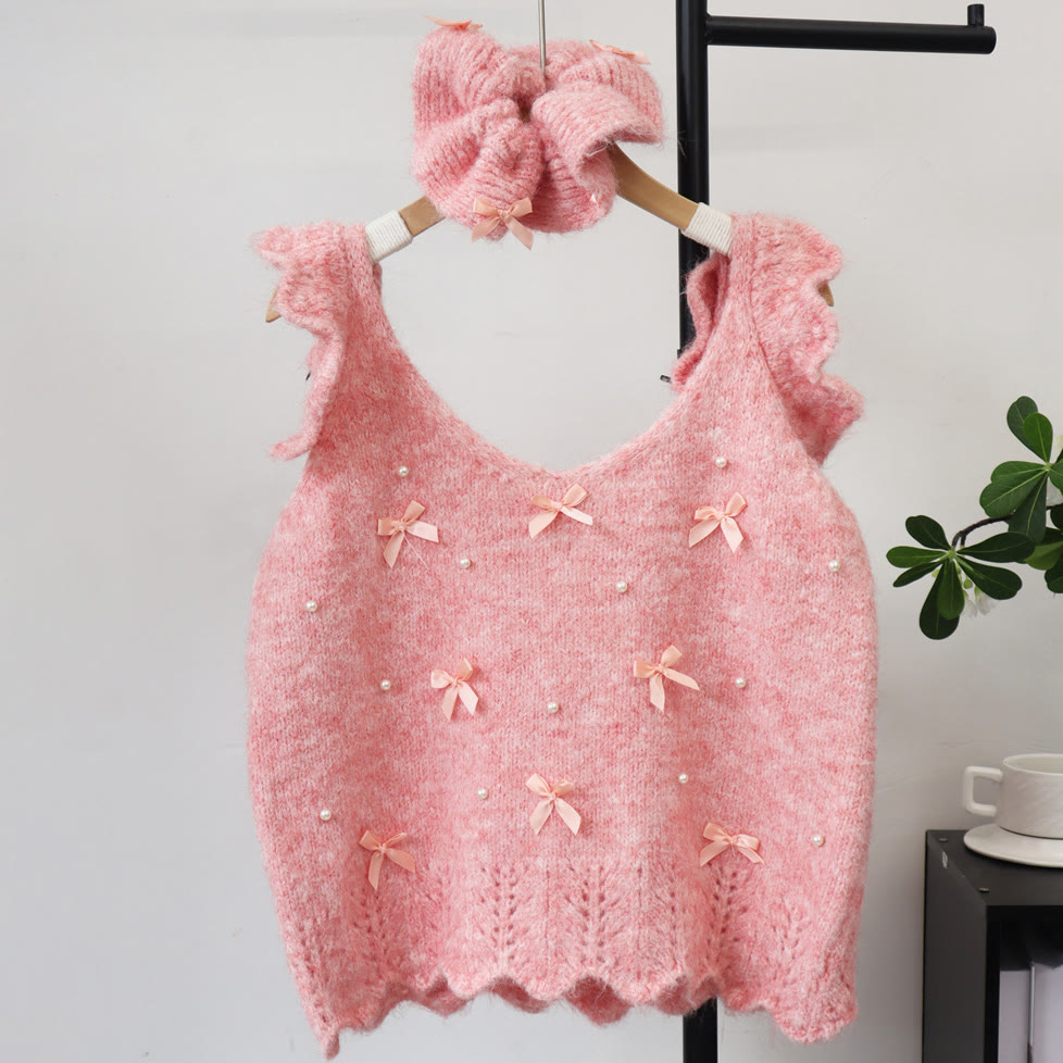 Bow Ruffle Trim Knit Vest - Pink - One Size - image 10
