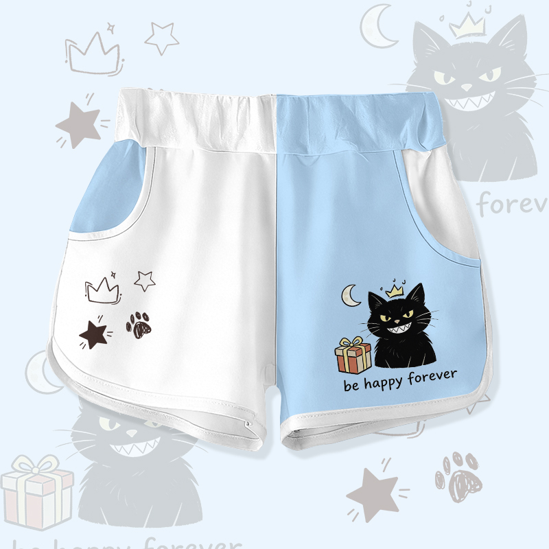 BE HAPPY FOREVER Black Cat Gift Graphic Modakawa Color Block Shorts - White & Blue - 5XL - image 3