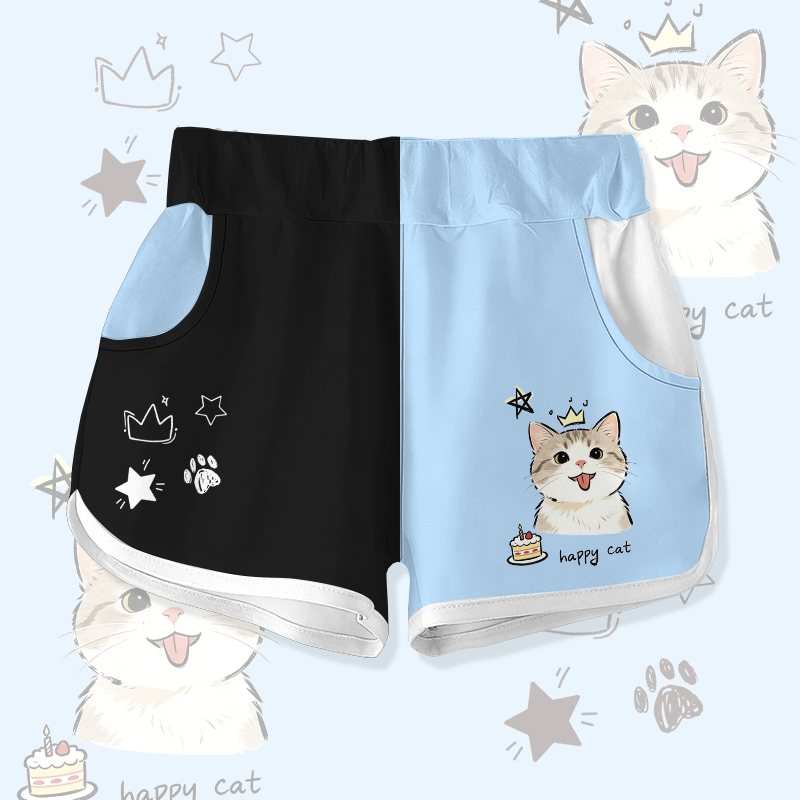 HAPPY CAT Cat Cake Graphic Modakawa Color Block Shorts - Black & Blue - 5XL - image 3