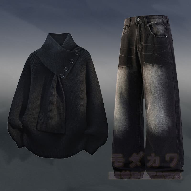 Knit Fleece Lined Sweater Denim Pants Two Pieces - Set E - 3XL - image 5