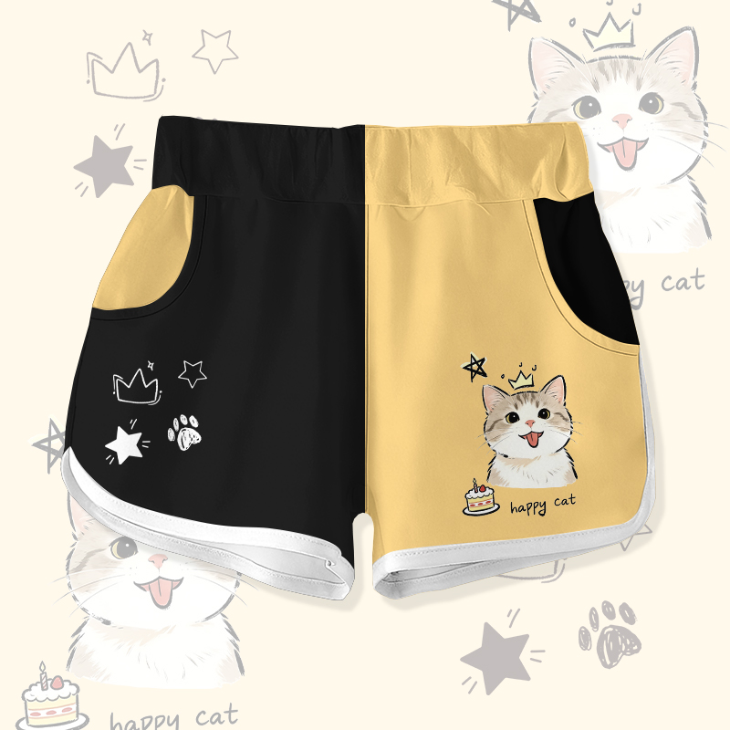 HAPPY CAT Cat Cake Graphic Modakawa Color Block Shorts - Black & Yellow - 5XL - image 4
