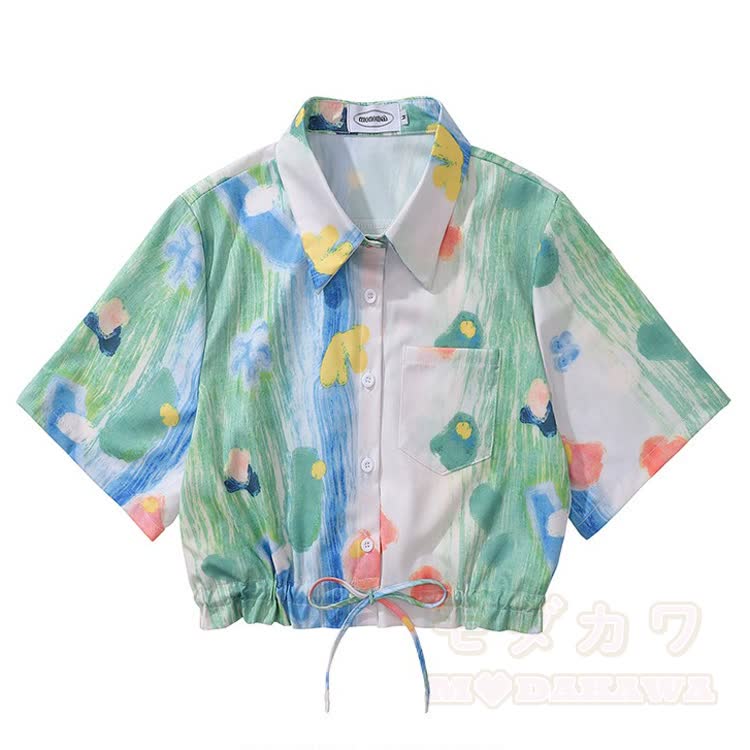 Vintage Print Short Sleeve Button-Up Shirt - Multicolor L - L - image 13
