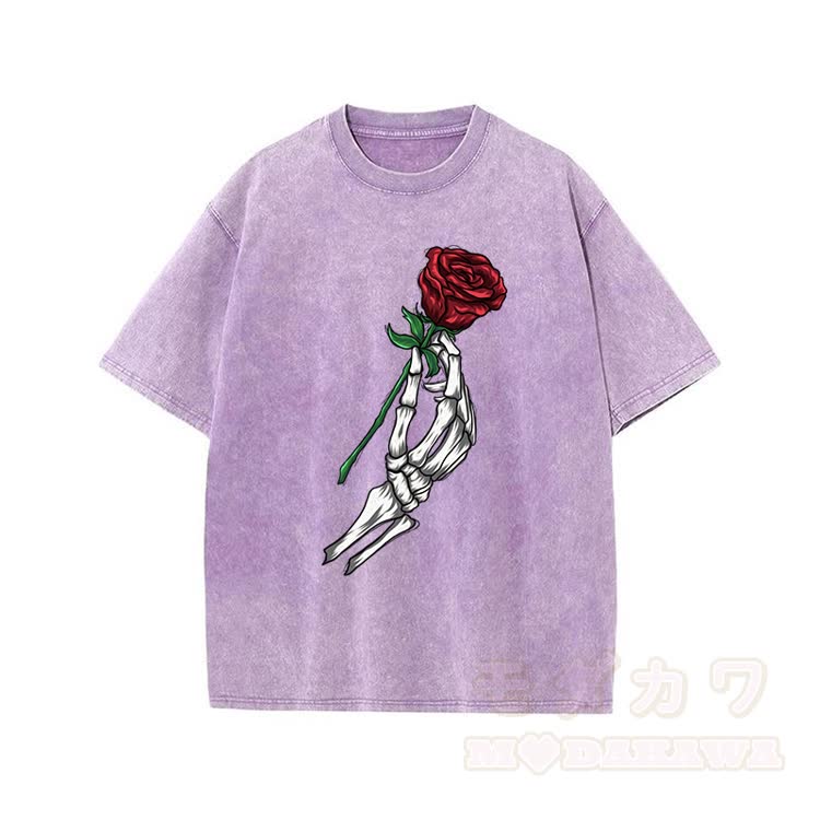 Skull Hand Rose Graphic Modakawa Vintage Washed 100% Cotton T-shirt - Purple - 5XL - image 4