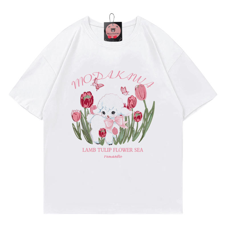 Lamb Letter Print 100% Cotton Modakawa T-shirt - White - 5XL - image 4