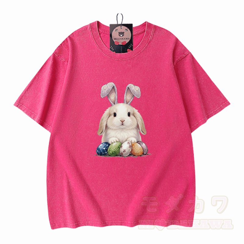 Easter Egg Bunny Graphic Modakawa Unisex Vintage Washed T-shirt - Rose Red - 5XL - image 9
