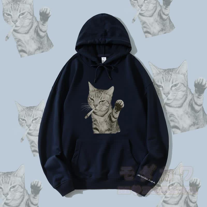 MODAKAWA Smoking Cat Graphic Streetwear Pullover Hoodie - Purplish Blue - 5XL - image 3