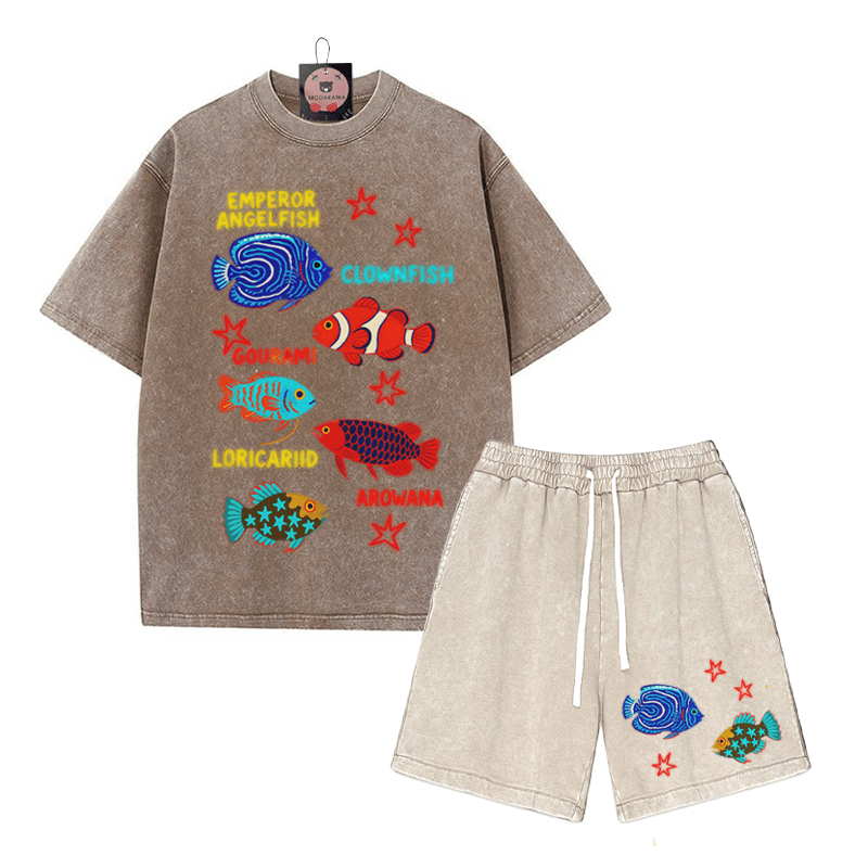 Fish Star Print T-shirt Vintage Washed Shorts Two Pieces Set - Brown&Apricot - 3XL - image 8