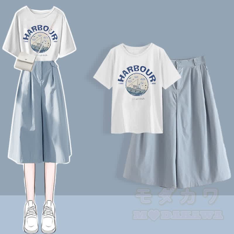 Chic Round Collar Printed T-Shirt Casual Wide Leg Pants Two Pieces Set - Blue A - XL - image 2