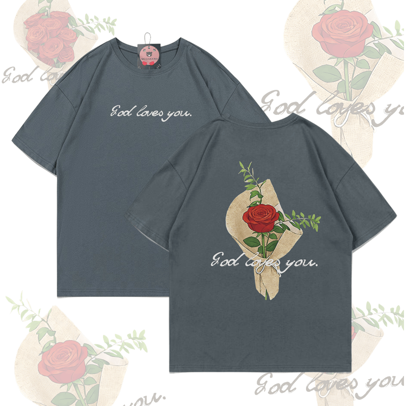 MODAKAWA GOD LOVES YOU Rose Bouquet Graphic T-shirt - Dark Grey - 5XL - image 2