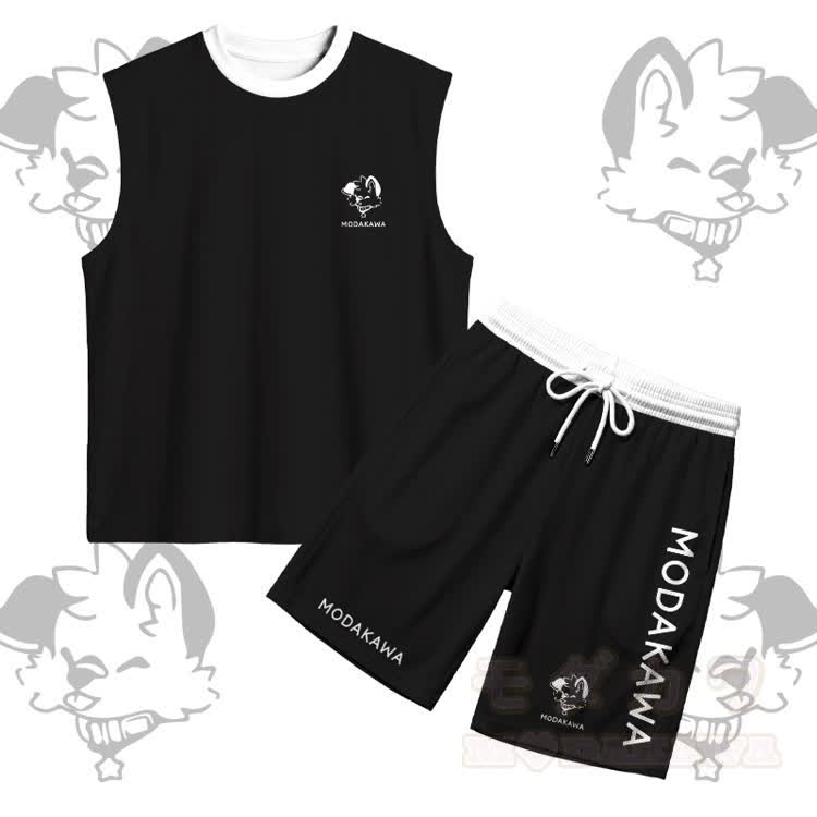 MODAKAWA X popipeko Puppy Graphic Sports Sleeveless Quick Dry Tank Top Shorts Matching Outfit - Black Set - 5XL - image 14