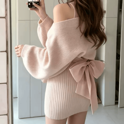 Sweet Bow Knit Cover-up and Dress Two Pieces Set - image 7
