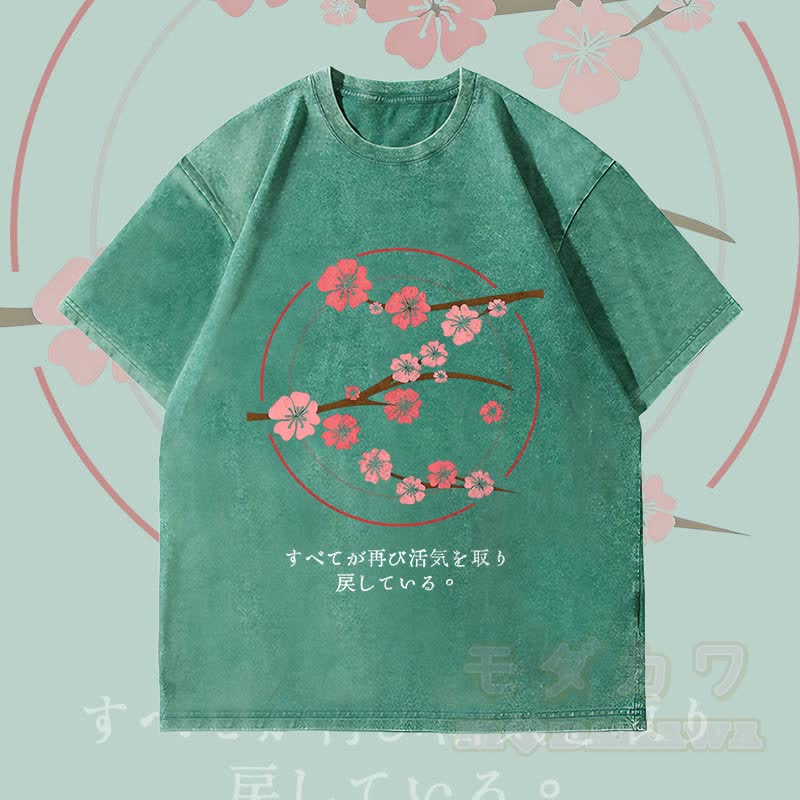 MODAKAWA Cherry Blossom Graphic Unisex Vintage Washed T-Shirt - Green - 4XL - image 3