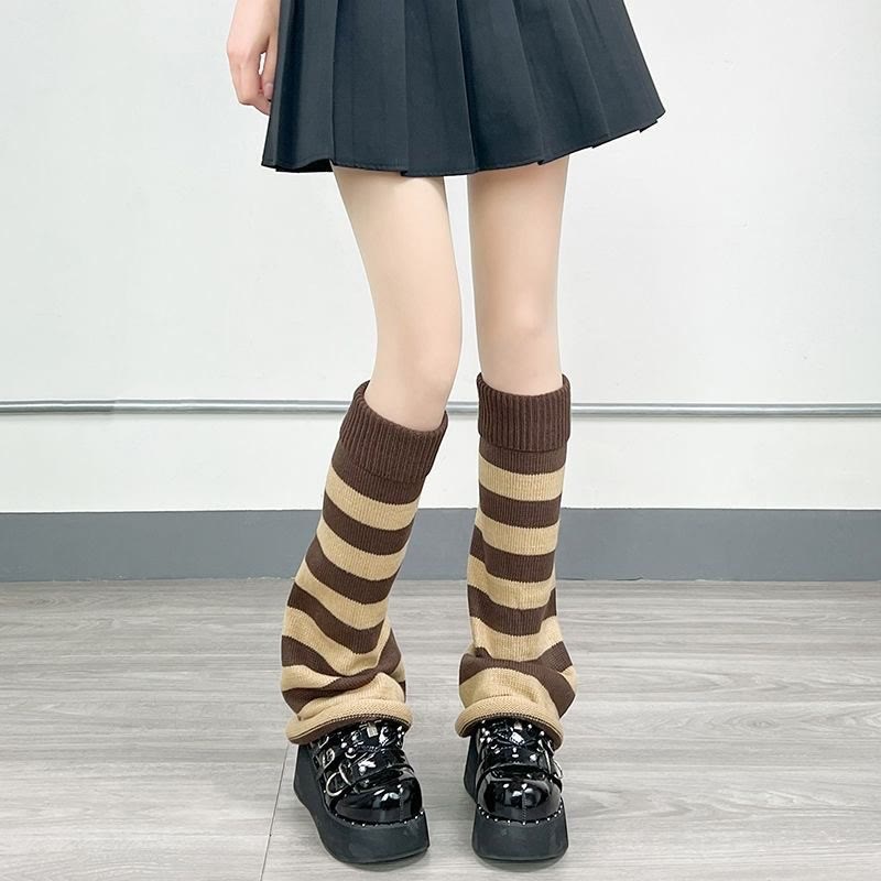Knit Flare Leg Warmers Socks - Coffee Striped with Black - One Size - image 9