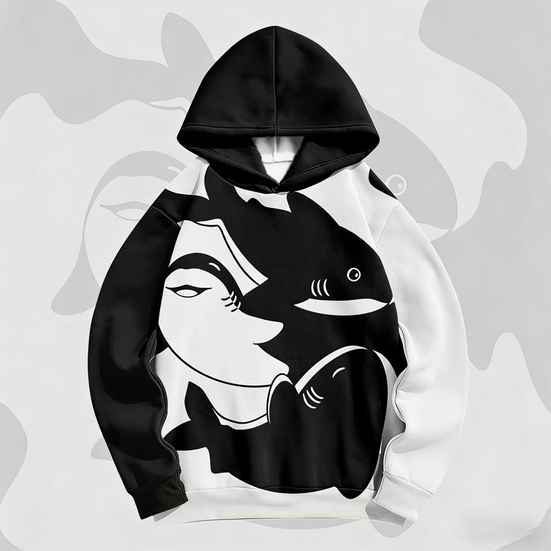 MODAKAWA Shark Graphic Color Block All Over Print Pullover Hoodie - Black - 6XL - image 4