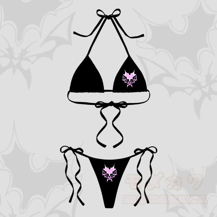 MODAKAWA X Aki Bat Heart Graphic Women's Striped Swimsuit Tie Bikini Two Pieces Set - Black - 4XL - image 4