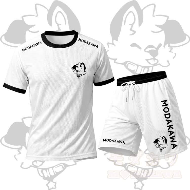 MODAKAWA X popipeko Tongue Out Pupppy Graphic Men's Sports T-shirt Drawstring Shorts Matching Outfit - White Set - 5XL - image 14