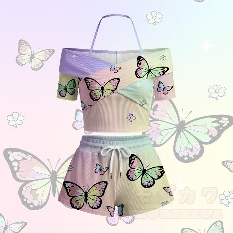 Butterfly Print Modakawa Gradient Off Shoulder Top & Shorts Set - Purple & Yellow Set - 5XL - image 5