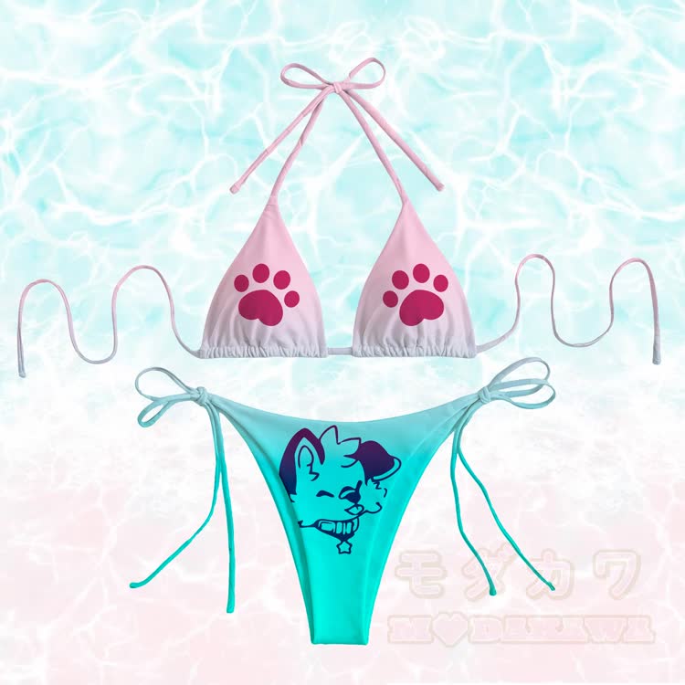 MODAKAWA X popipeko Tongue Out Puppy Paw Graphic Women's Gradient Swimsuit Tie Bikini Set - Pink & Blue - 4XL - image 5