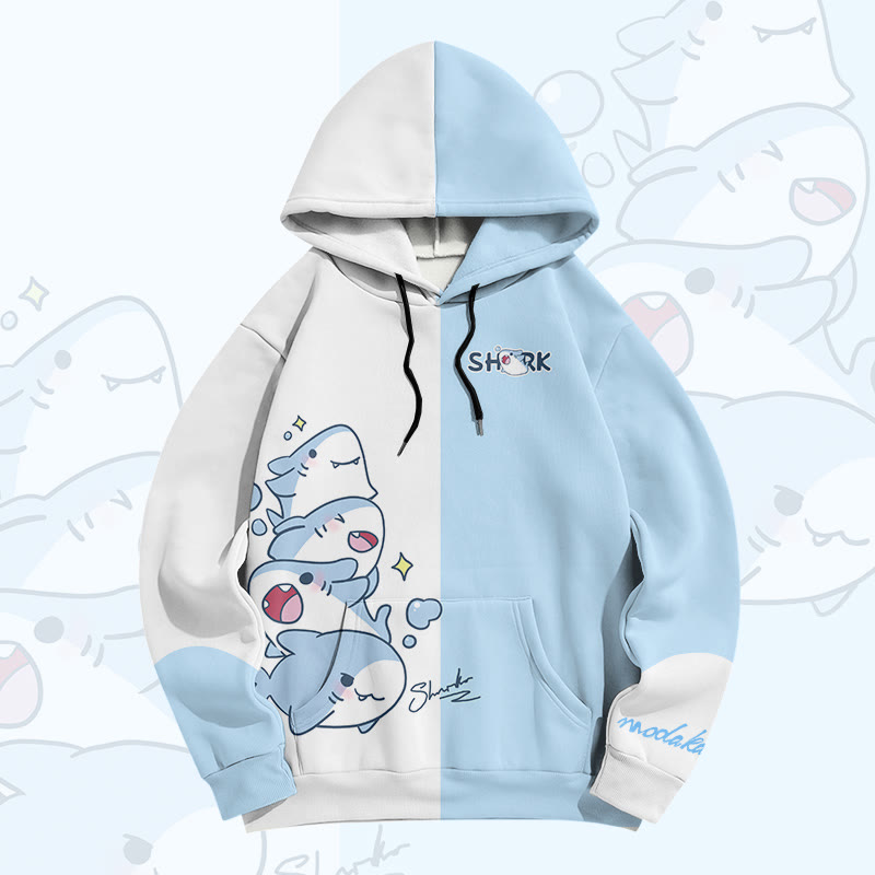 MODAKAWA Color Block Playful Shark Graphic All Over Print Pullover Hoodie - White&Blue - 5XL - image 2