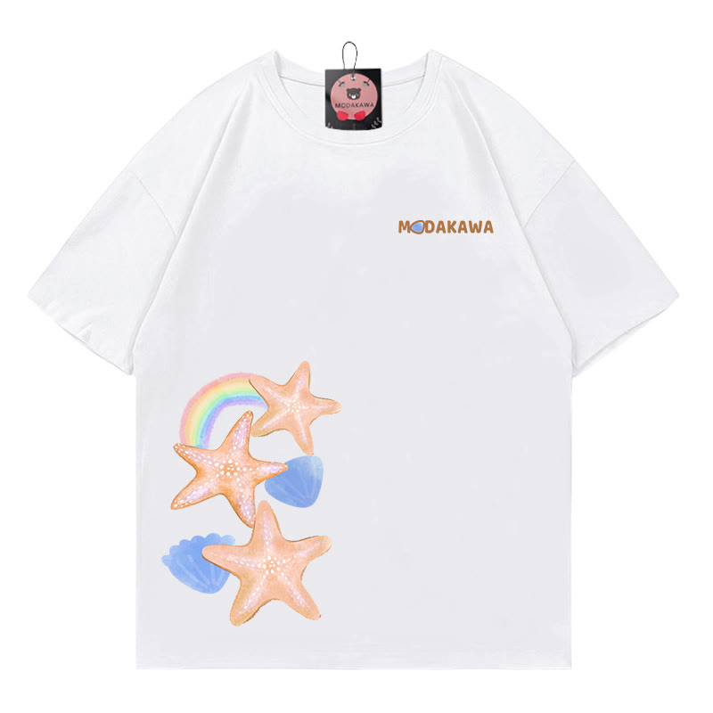 Starfish Letter Print 100% Cotton Modakawa T-shirt - White - 5XL - image 4