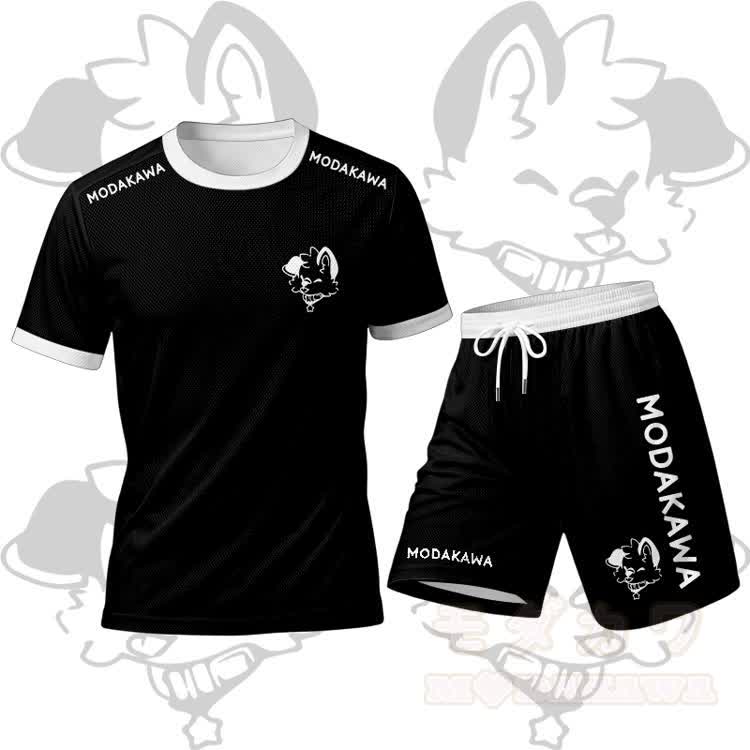 MODAKAWA X popipeko Tongue Out Pupppy Graphic Men's Sports T-shirt Drawstring Shorts Matching Outfit - Black Set - 5XL - image 16