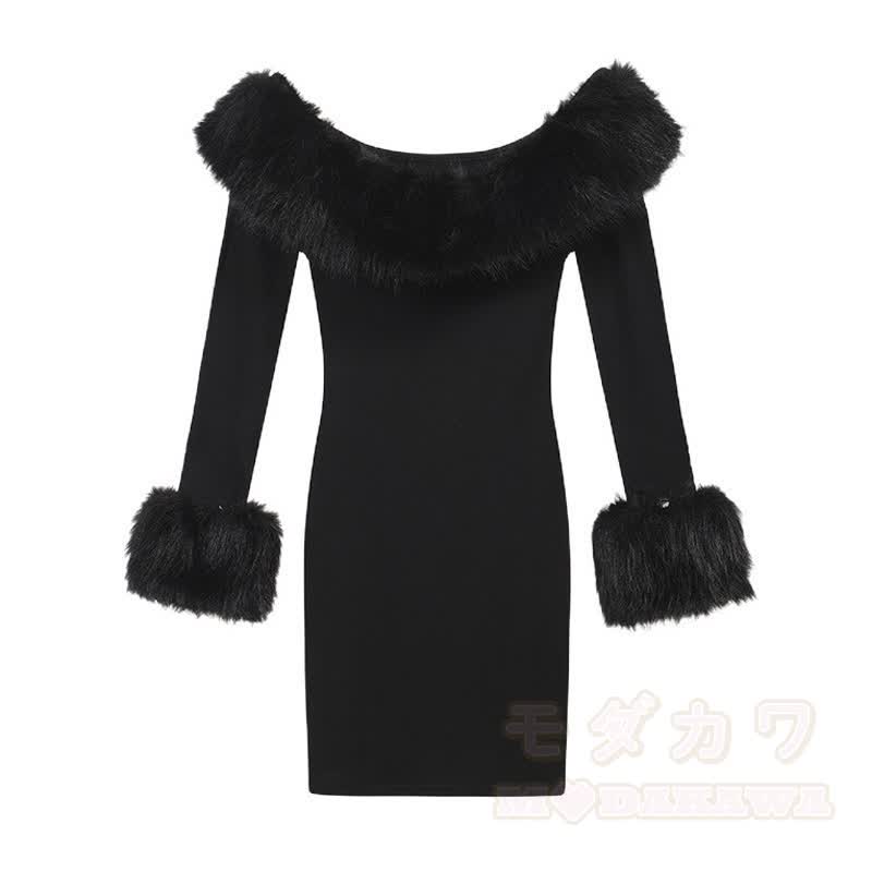 Faux Fur Trim Off Shoulder Long Sleeve Bodycon Dress - Black - L - image 12