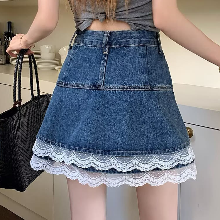 Vintage Lace Patchwork Denim Skirt - image 4