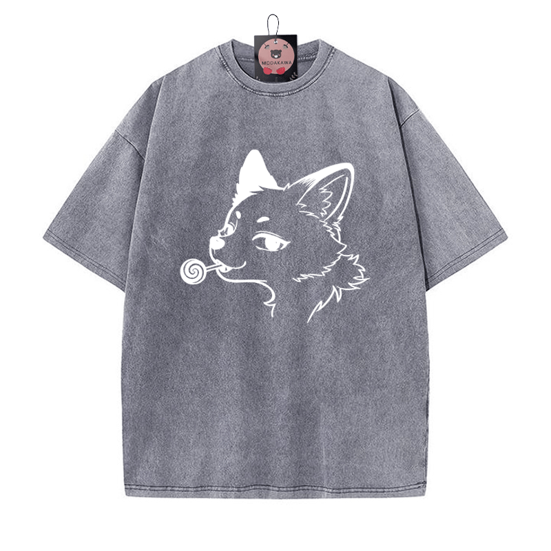 Fox Print Vintage Washed T-shirt - Grey - 5XL - image 7