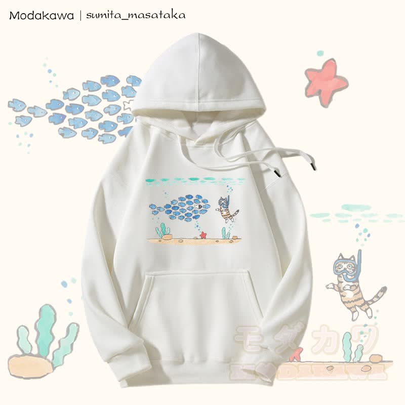 MODAKAWA X sumita_masataka Diving Cat Graphic Fleece Lined Hoodie - White - 5XL - image 4