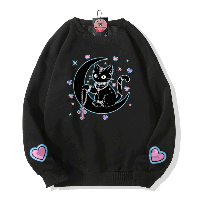Astrology Black Cat Graphic Modakawa Sweatshirt - Black - 5XL - image 2