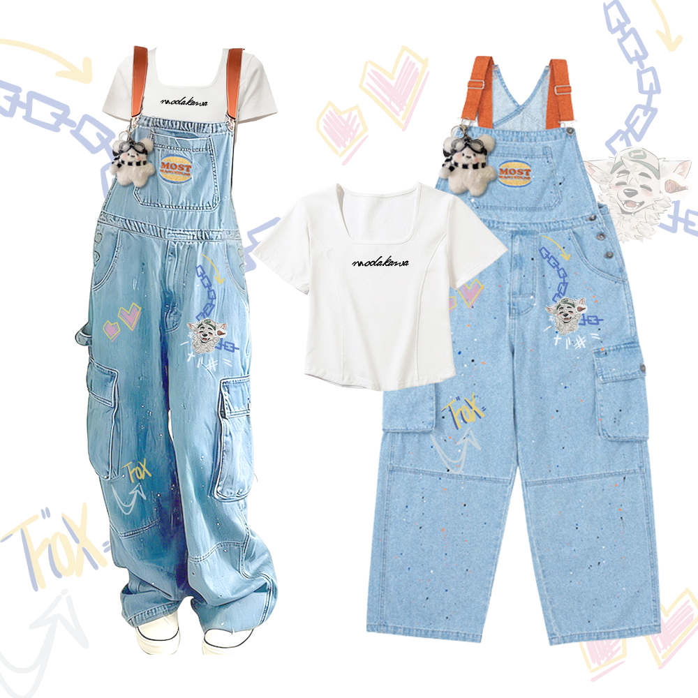 MODAKAWA X atka Letter Graphic Square Neck T-shirt Puppy Pendant Fox Wants Meat Graphic Denim Overalls Two Pieces Set - White & Blue - 2XL - image 3