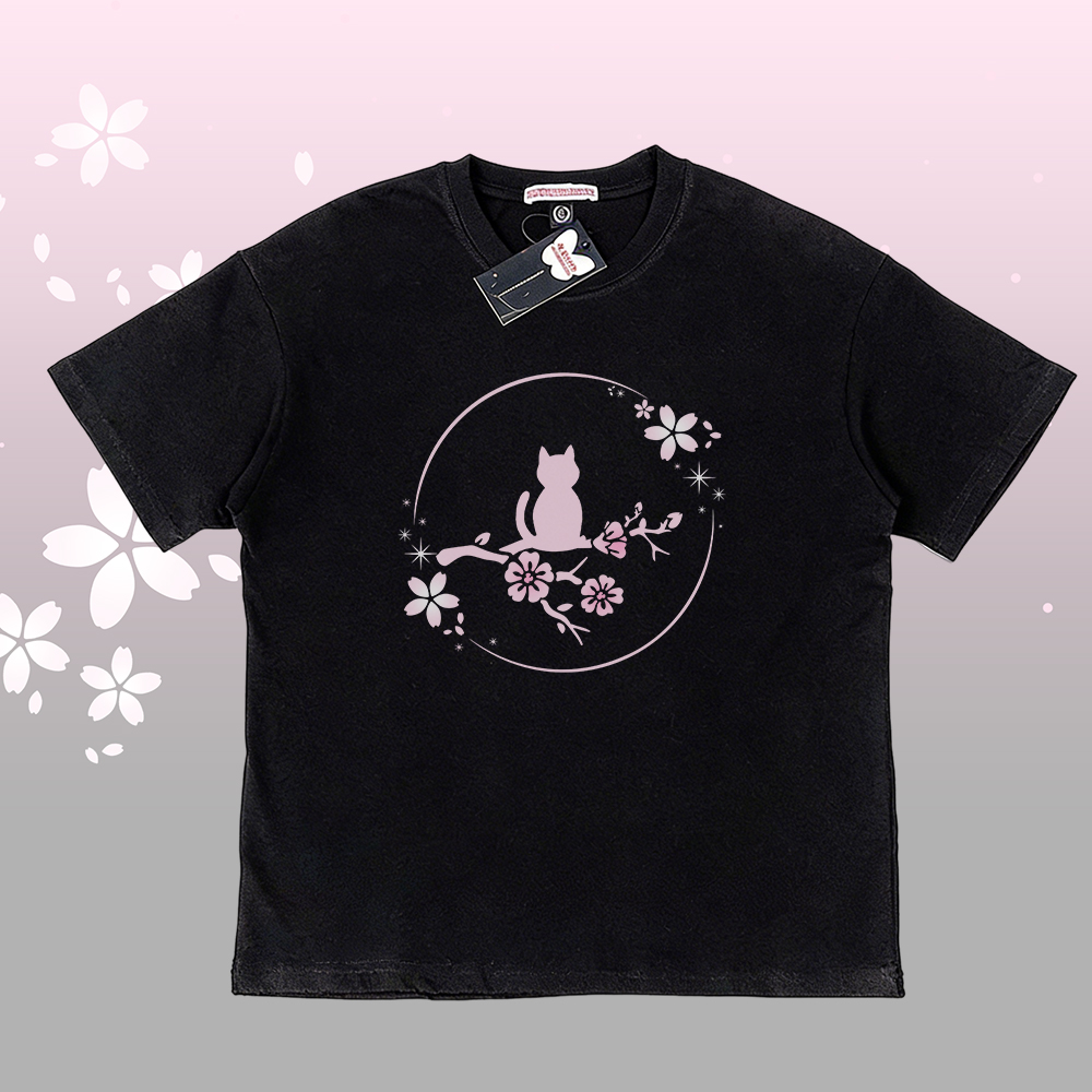 Sakura Cat Graphic 100% Cotton T-shirt Gradient Shorts Modakawa Matching Outfit - Black C T-shirt - 5XL - image 6