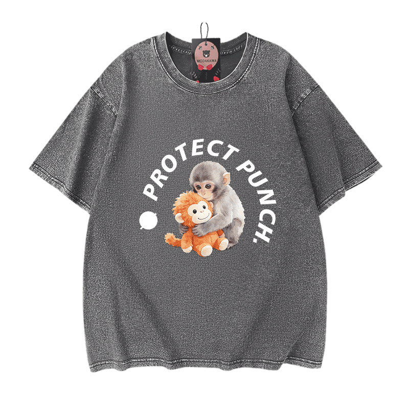 PROTECT PUNCH Hugging Monkey Graphic Modakawa Unisex Vintage Washed T-shirt - Grey - 5XL - image 11