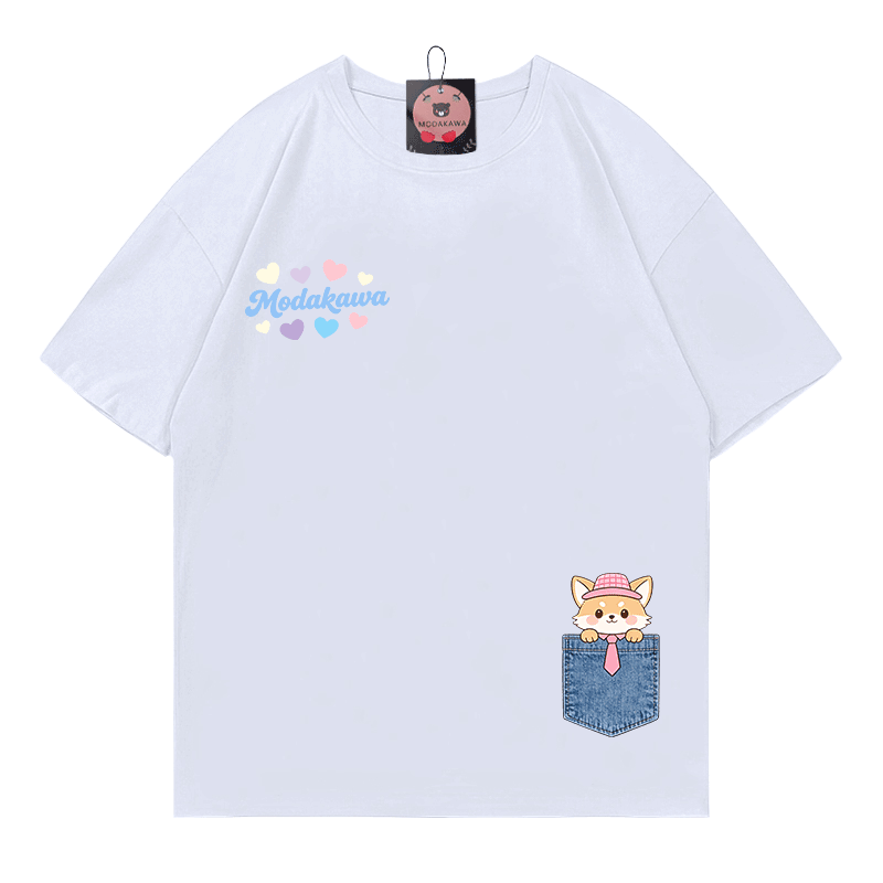 Pocket Fox Hearts Graphic Modakawa 100% Cotton T-shirt - White - 5XL - image 5