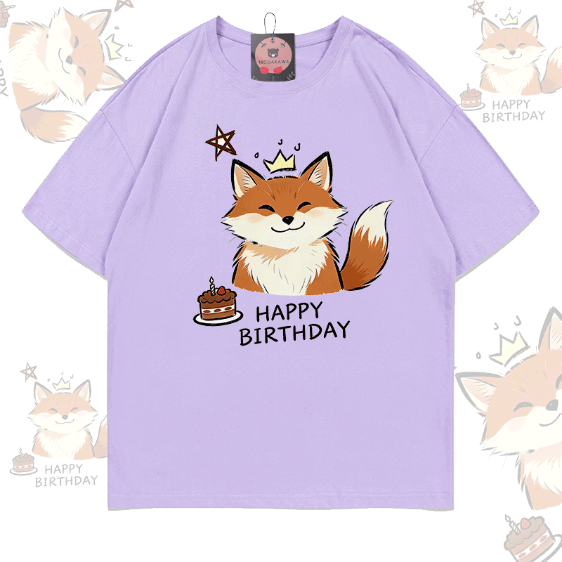 HAPPY BIRTHDAY Fox Graphic Modakawa 100% Cotton T-shirt - Light Purple - 5XL - image 6