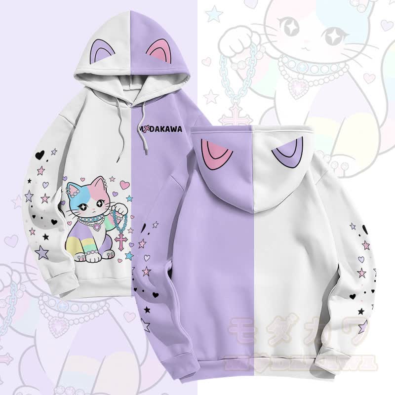 MODAKAWA Star Heart Cat Graphic Color Block Pullover Hoodie - White & Purple - 6XL - image 4