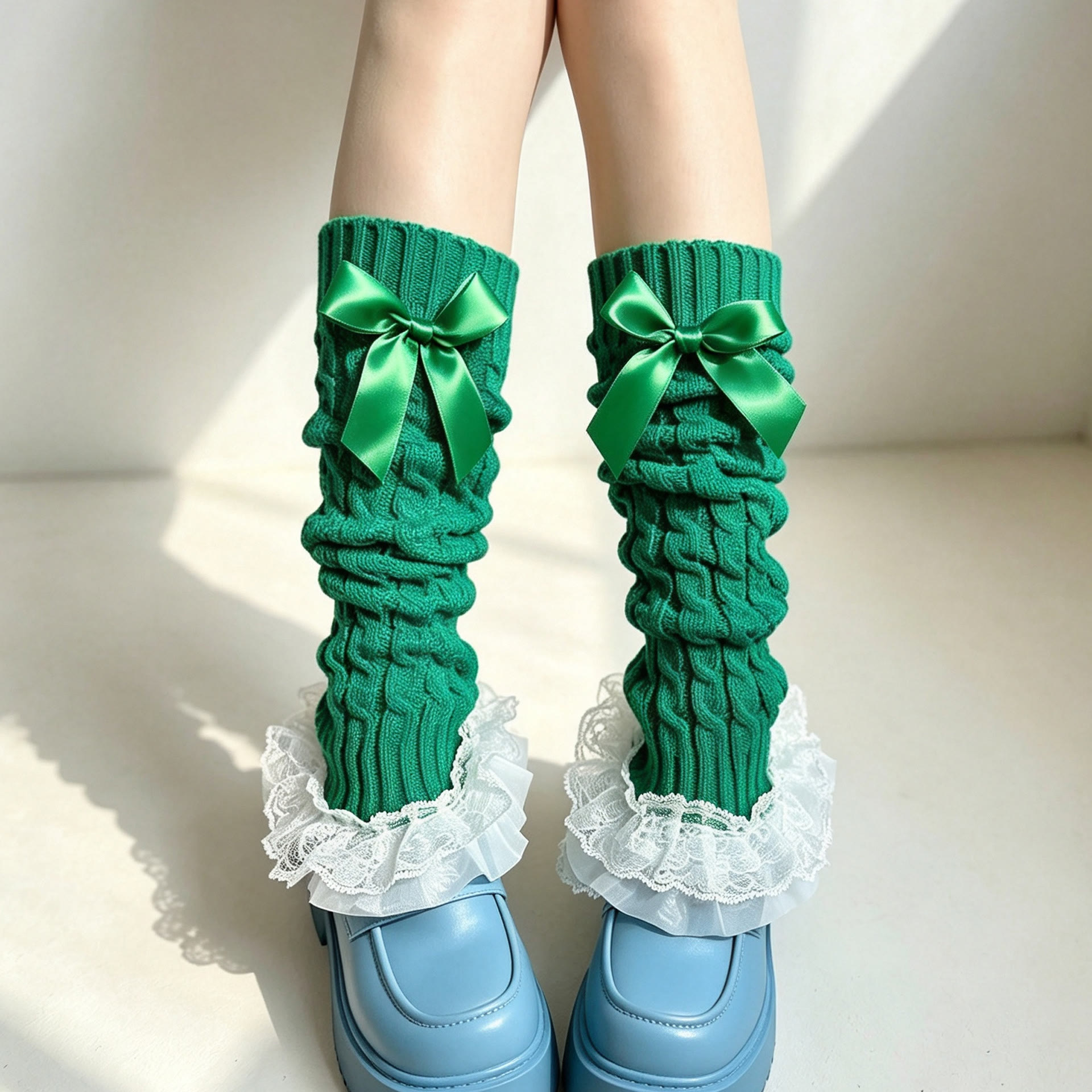 Lace Trim Calf Leg Warmers - Green - One Size - image 6