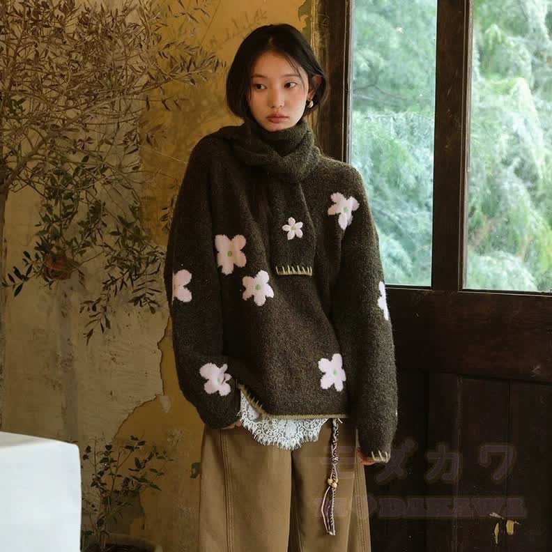 Floral Crew Neck Knit Sweater - image 6