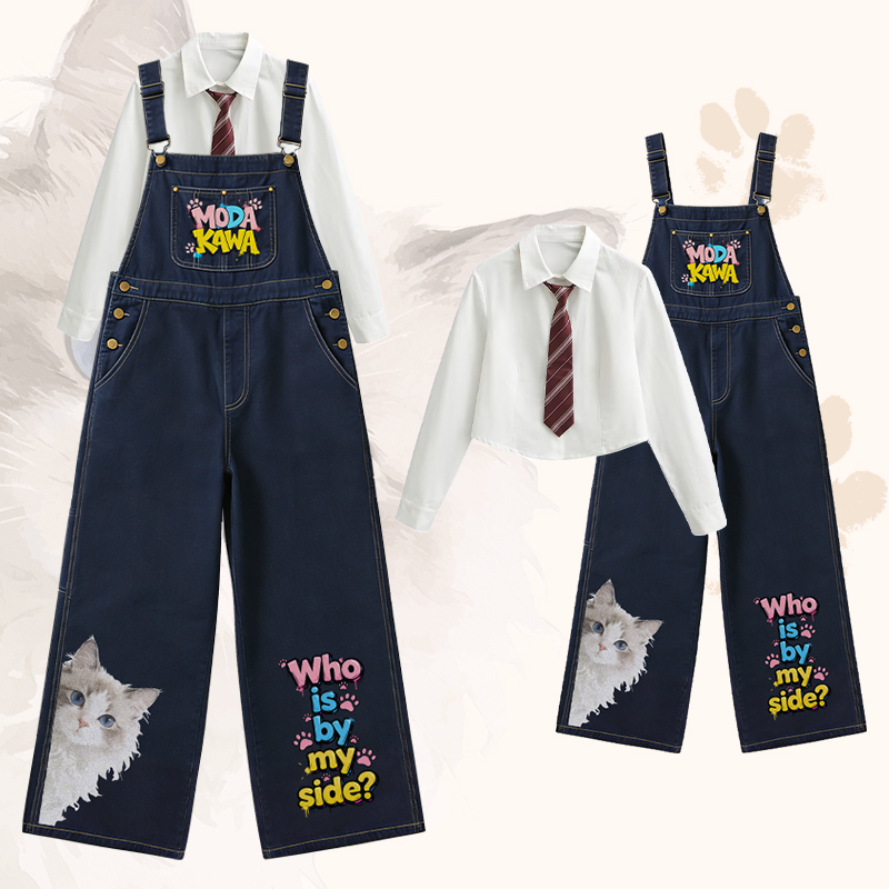 WHO IS BY MY SIDE Cat Graphic POLO T-shirt Wide Leg Denim Overalls Modakawa Matching Outfit - Set C - XL - image 4