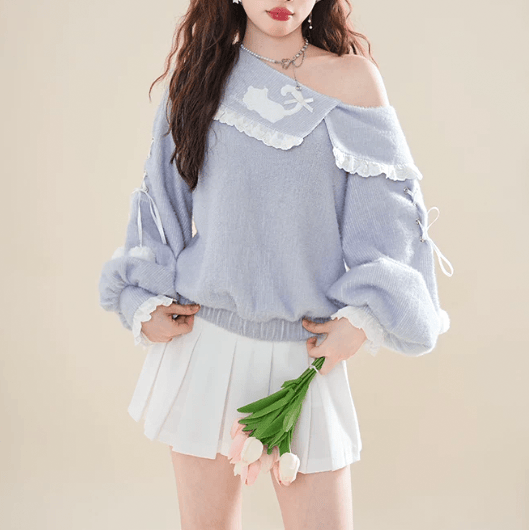 One-Shoulder Ruffle Sweater and Pleated Skirt Two Pieces Set - image 6