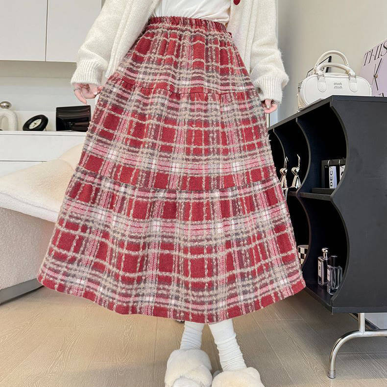 Maillard Knit Sweater and Plaid Skirt Two Pieces Set - Red Skirt - XL - image 15