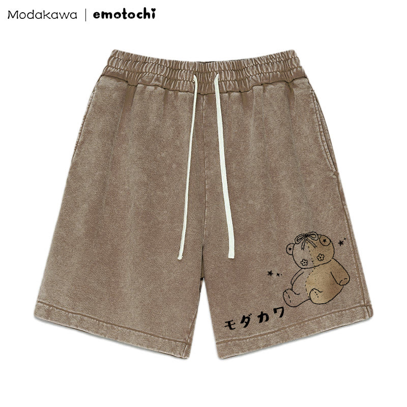 Stitched Bear Graphic Vintage Washed Shorts - Brown - 3XL - image 5