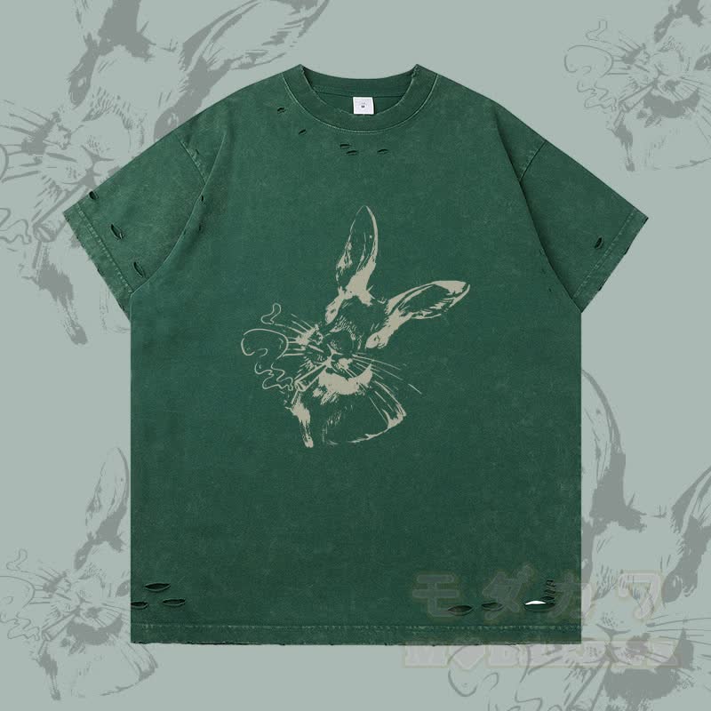 Smoking Bunny Graphic Modakawa Ripped T-shirt - Dark Green - 2XL - image 3