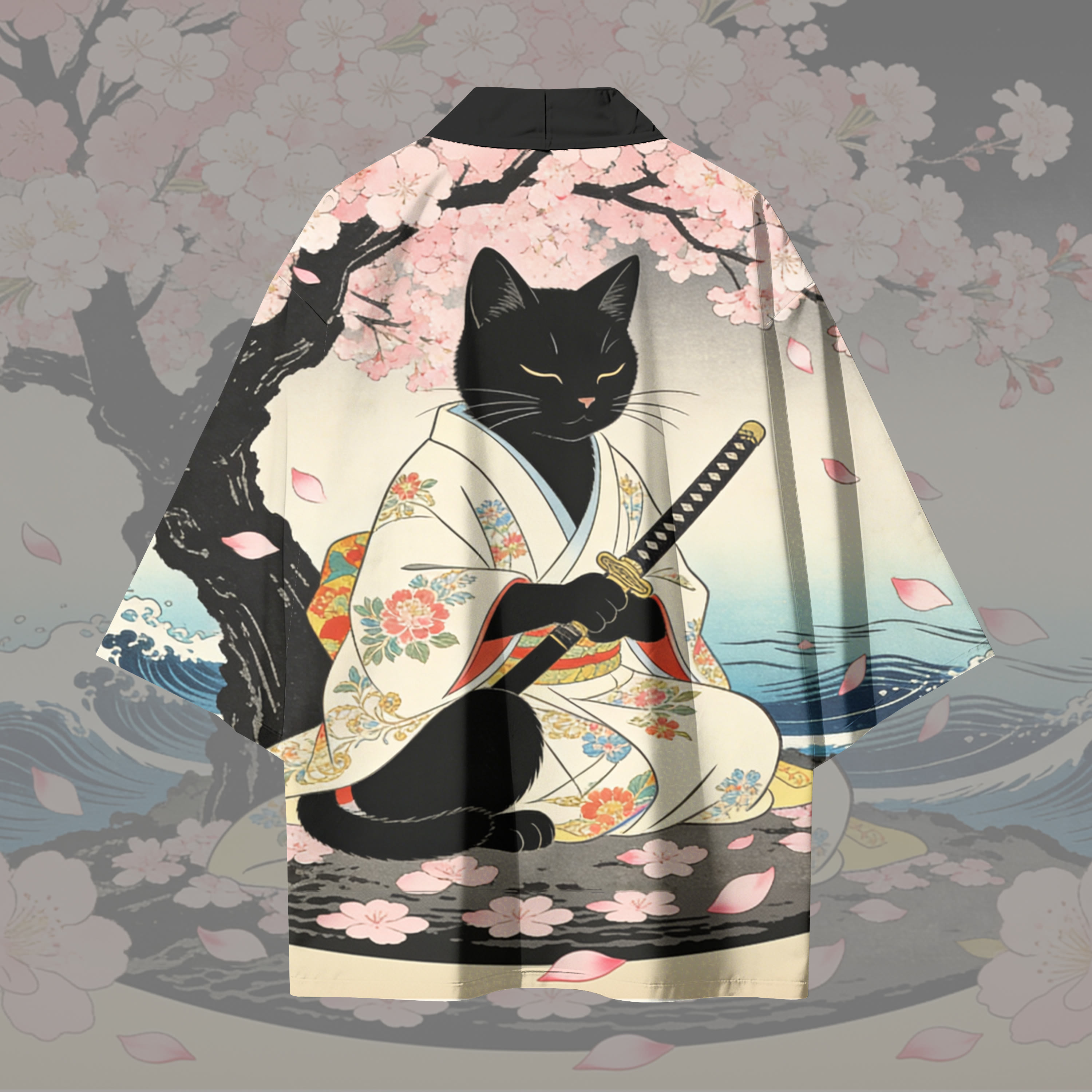 Sakura Samurai Cat Graphic Modakawa Cardigan Kimono Outerwear - image 3