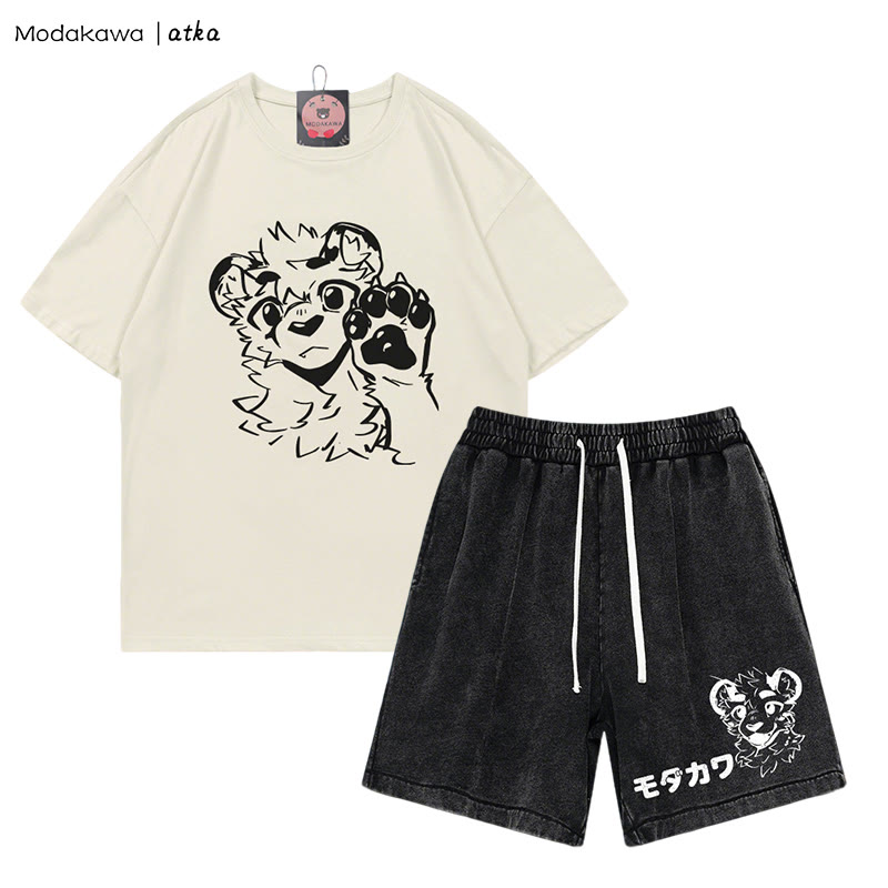 MODAKAWA X atka Tiger Print T-shirt Vintage Washed Shorts Two Pieces Set - Beige&Black - 3XL - image 3