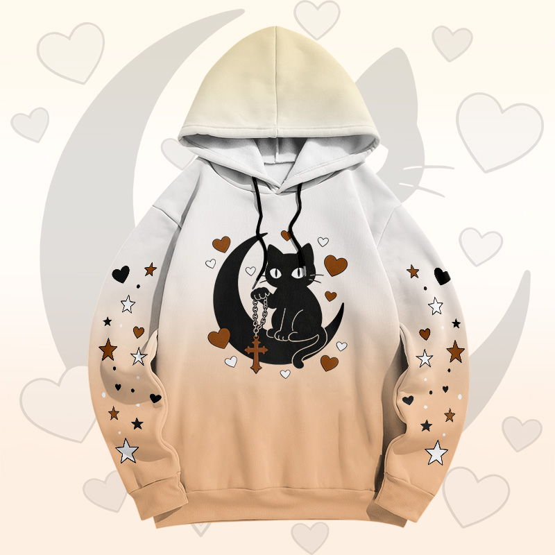 Gradient Black Cat Moon Graphic Modakawa Pullover Hoodie - Khaki - 6XL - image 8