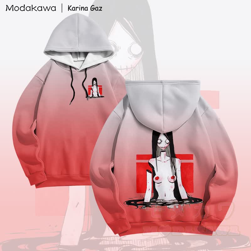 MODAKAWA X Karina Gaz Anime Graphic Gradient Pullover Hoodie - Red & White - 6XL - image 4